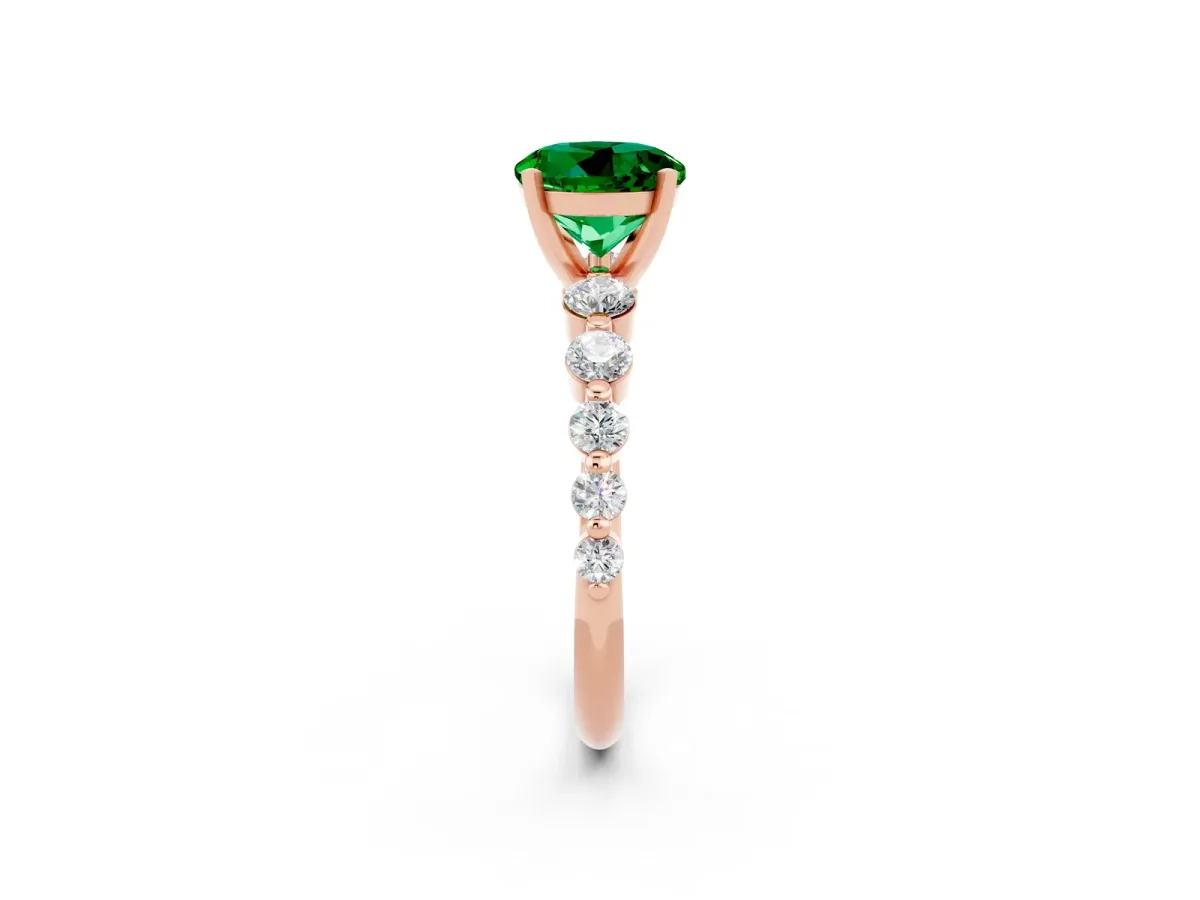 Round Cut Solitaire Emerald Ring with Pave Band and Four-Prong Setting Rose gold