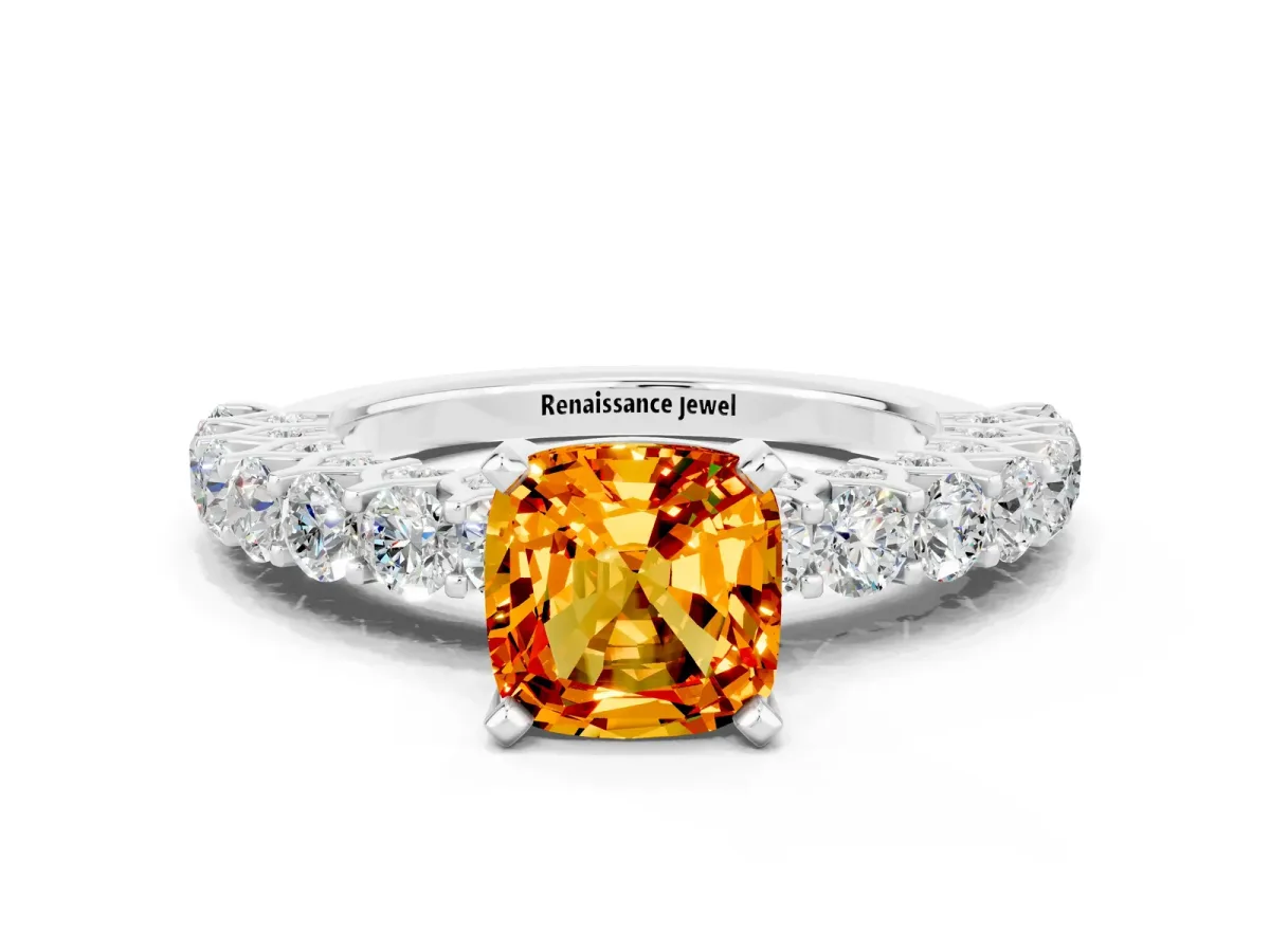 Cushion Cut Citrine Solitaire Ring with Shared Prong Pavé Band and Four-Prong Setting White gold