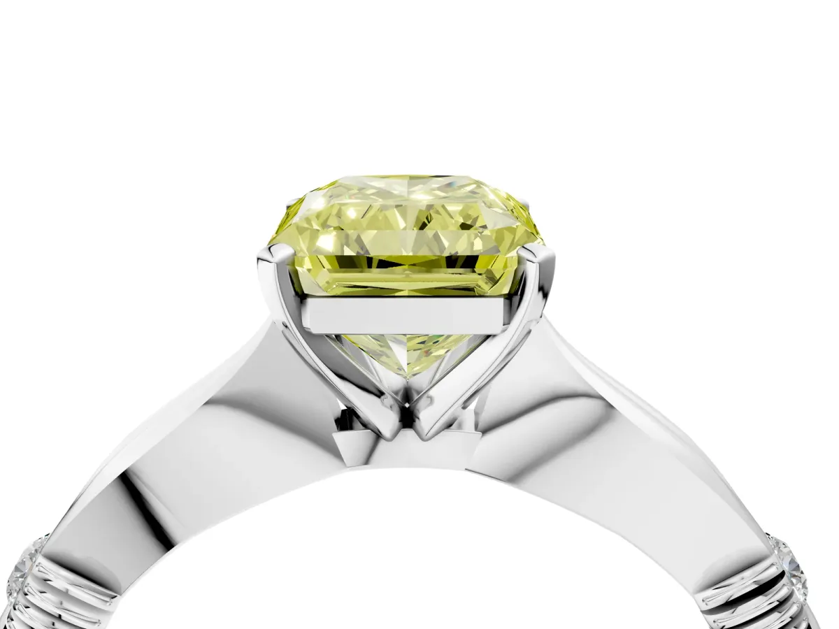Fancy Yellow Radiant Cut Solitaire Diamond Twisted Band with Four-Prong Setting Platinum