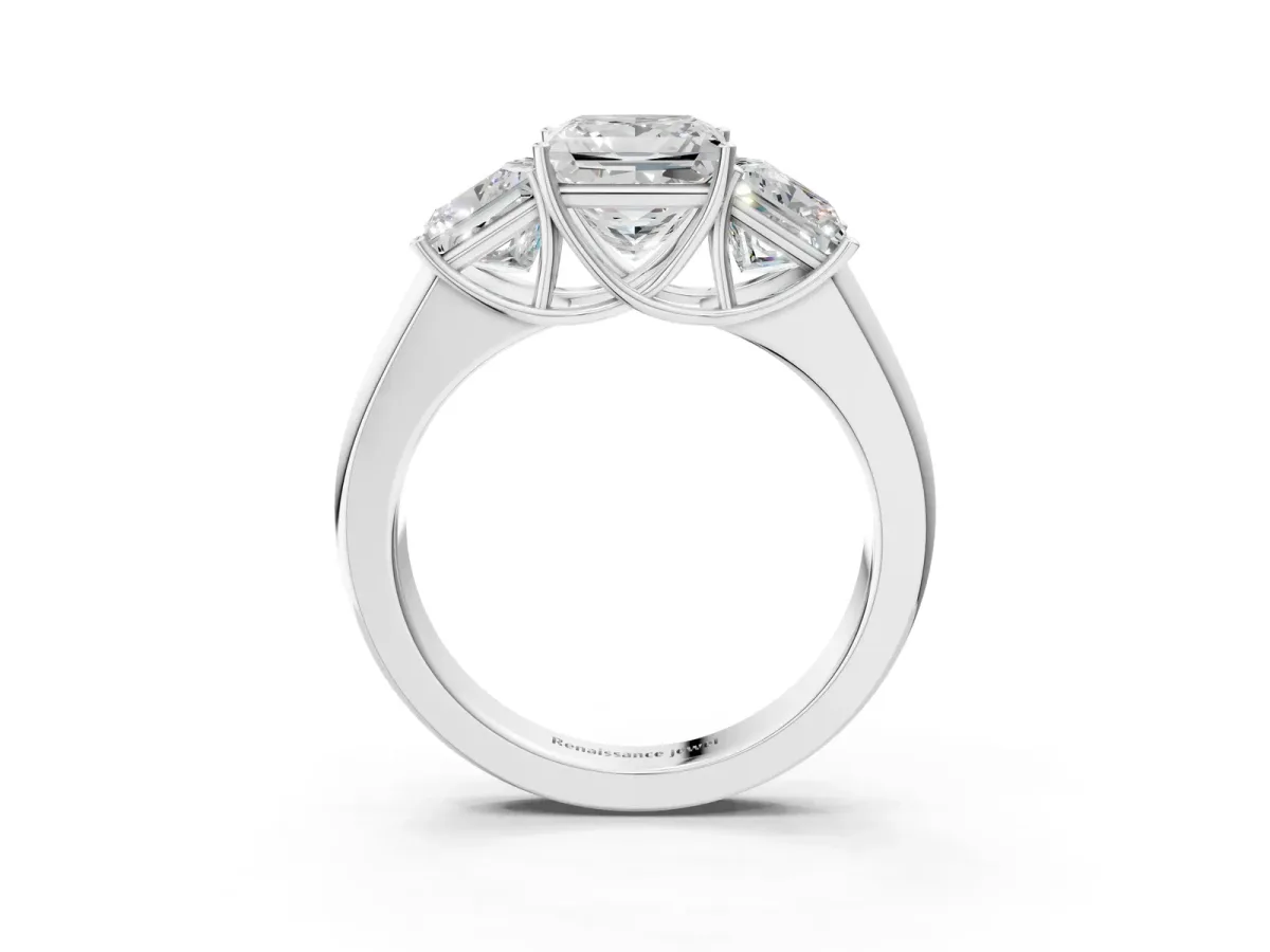 Three-Stone Princess Cut Cut Diamond Ring with Prong Setting and Classic Band White gold