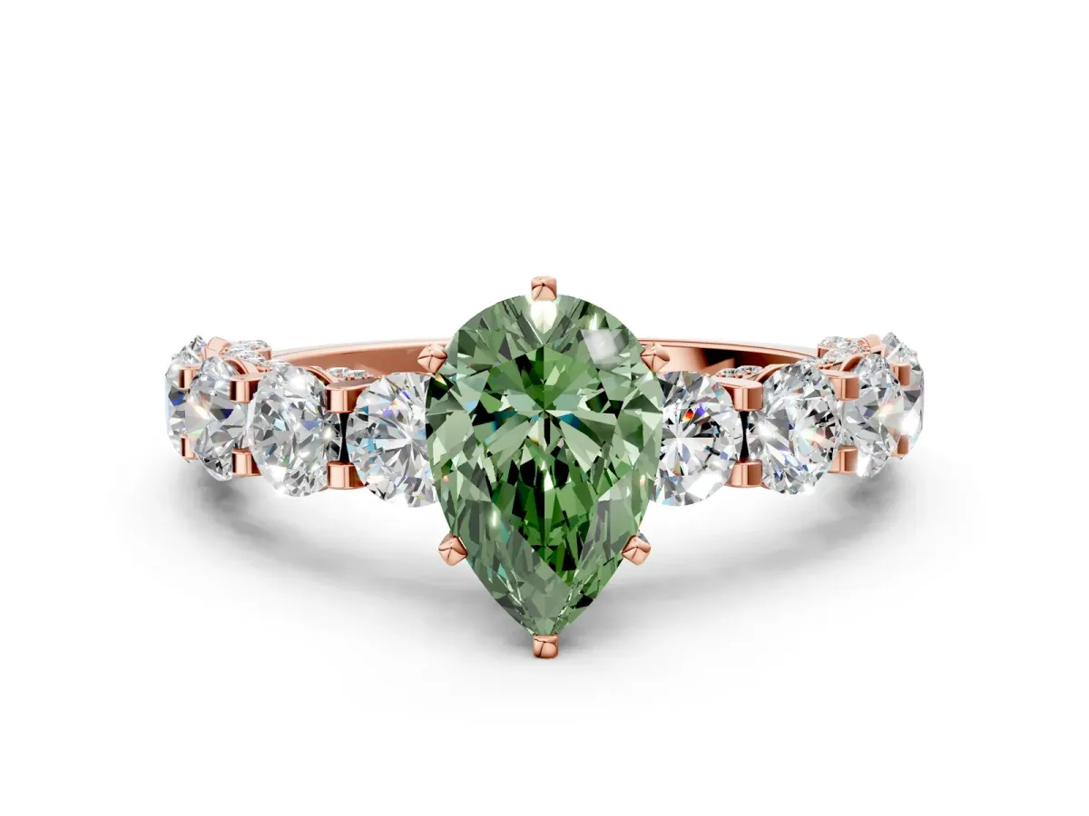 Fancy Green Pear Cut Diamond Side Stone Engagement Ring with Four-Prong Setting Rose gold