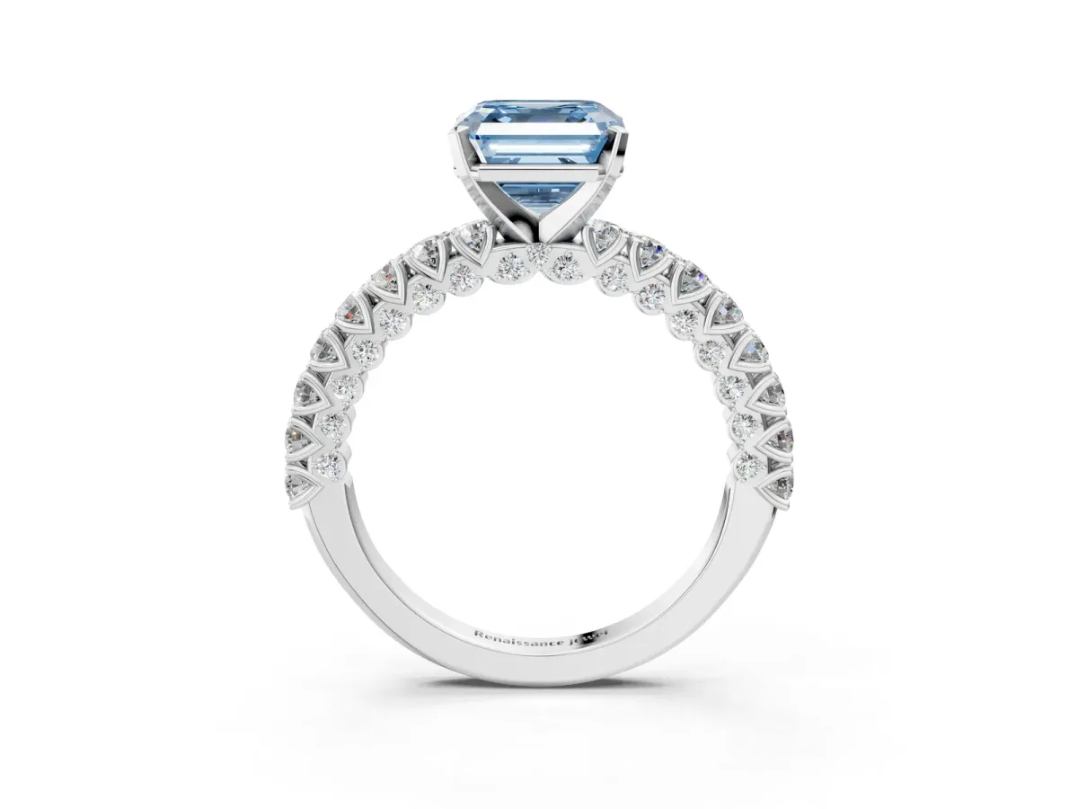 Fancy Blue Asscher Cut Diamond Solitaire Ring with Round Accent Pavé Band and Prong Setting Platinum