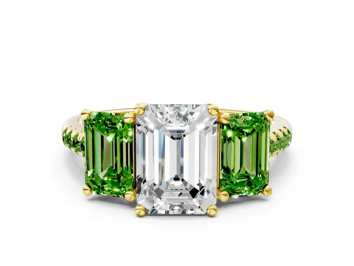 Three-Stone Emerald Cut Diamond Ring with Round Peridot Pavé Band and Prong Setting Yellow gold