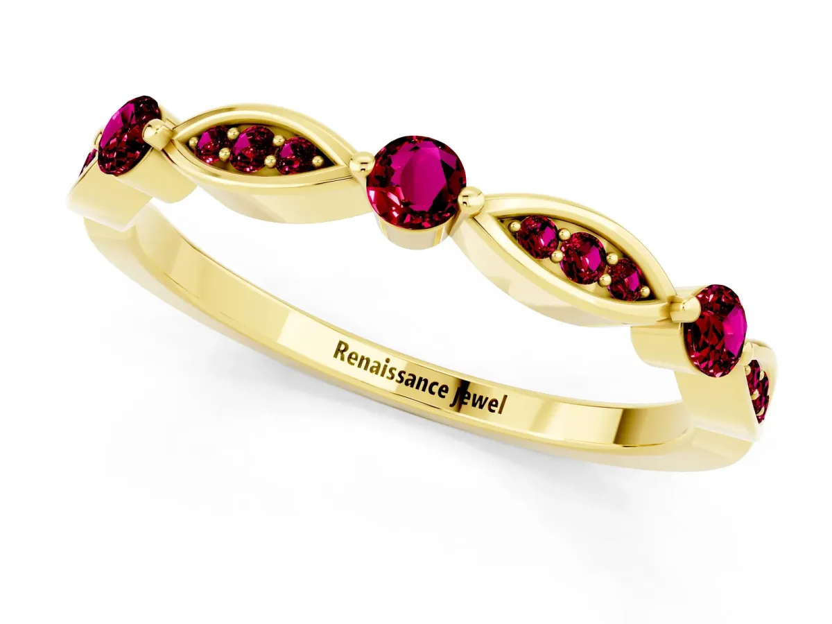 Marquise and Round Garnet Milgrain Band with Bezel Setting Yellow gold