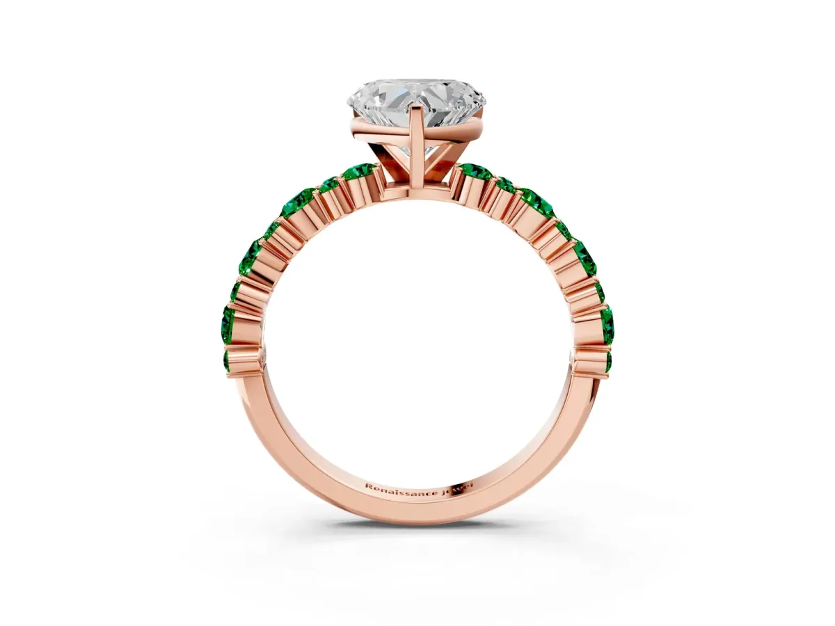 Heart Cut Diamond Side Stone Solitaire Ring with Round Emerald and Four-Prong Setting Rose gold