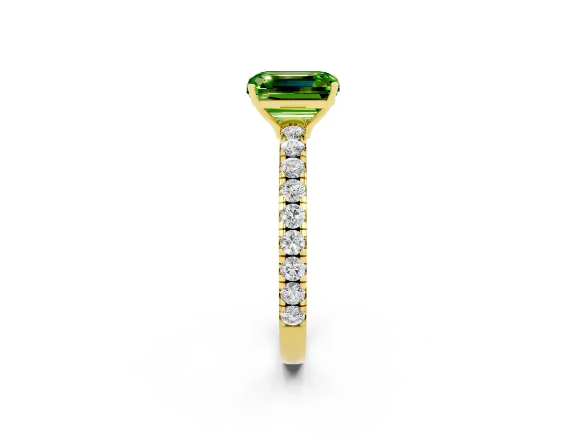 Emerald Cut Peridot Pavé Solitaire Engagement Ring with Four-Prong Setting Yellow gold