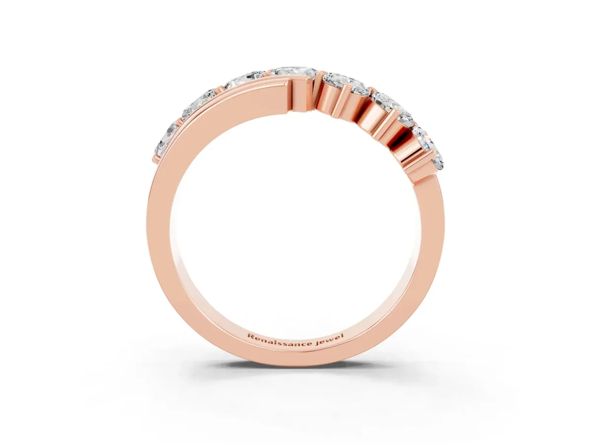 Round Moissanite Wave Band with Channel and Shared Prong Setting Rose gold