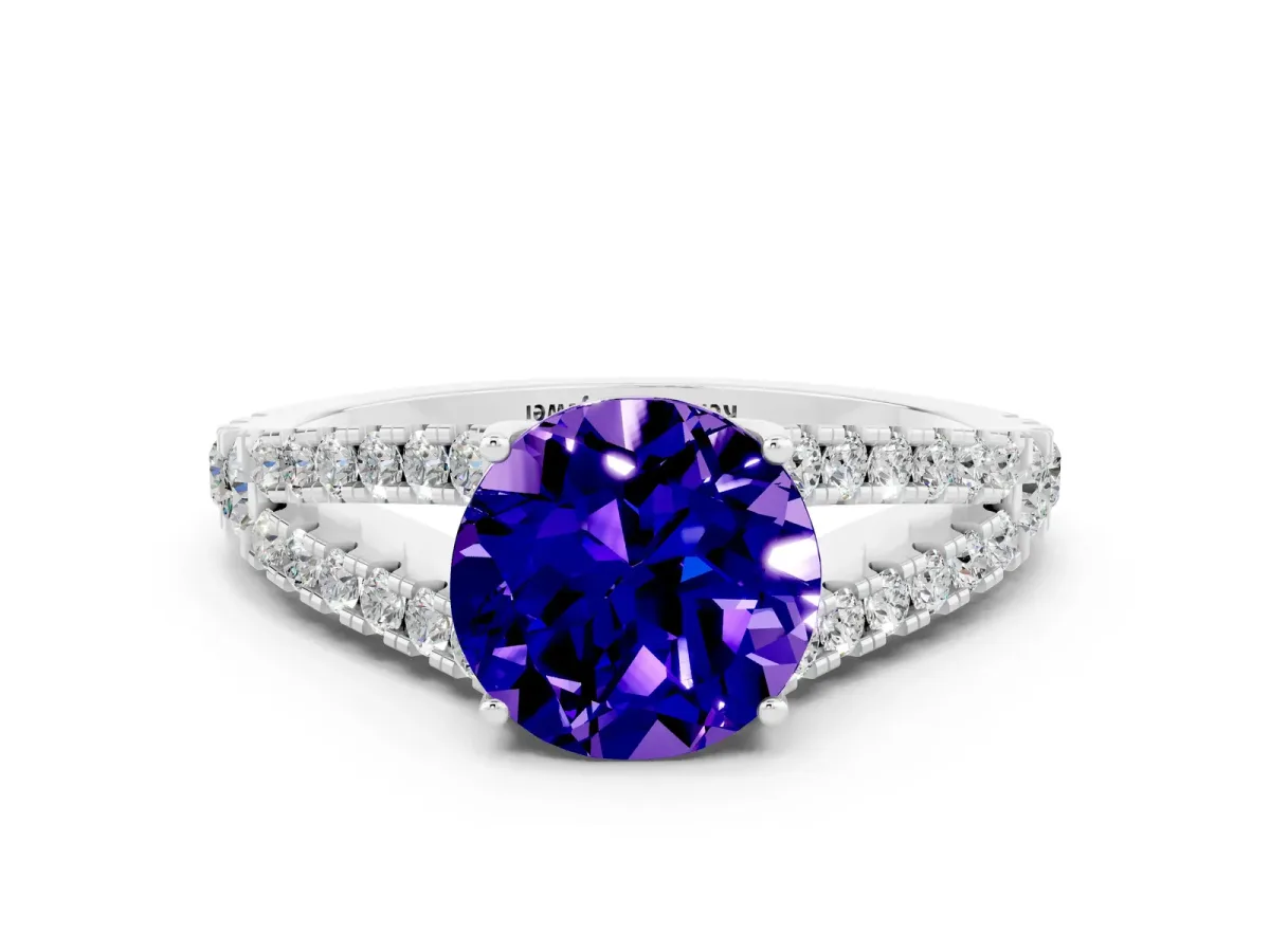 Round Cut Tanzanite Split Shank Engagement Ring with Round Pavé and Prong Setting Platinum