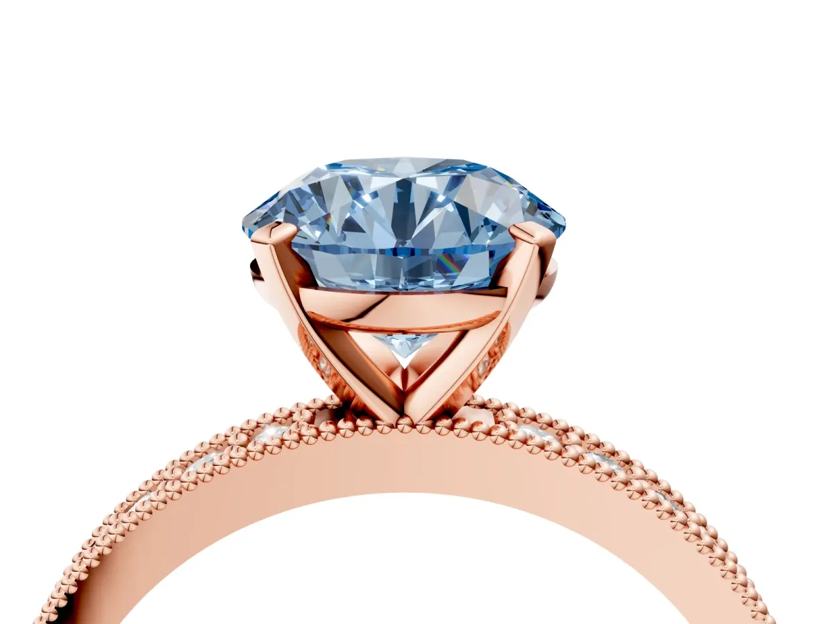 Fancy Blue Round Cut Diamond Milgrain Pavé Engagement Ring with Four-Prong Setting Rose gold