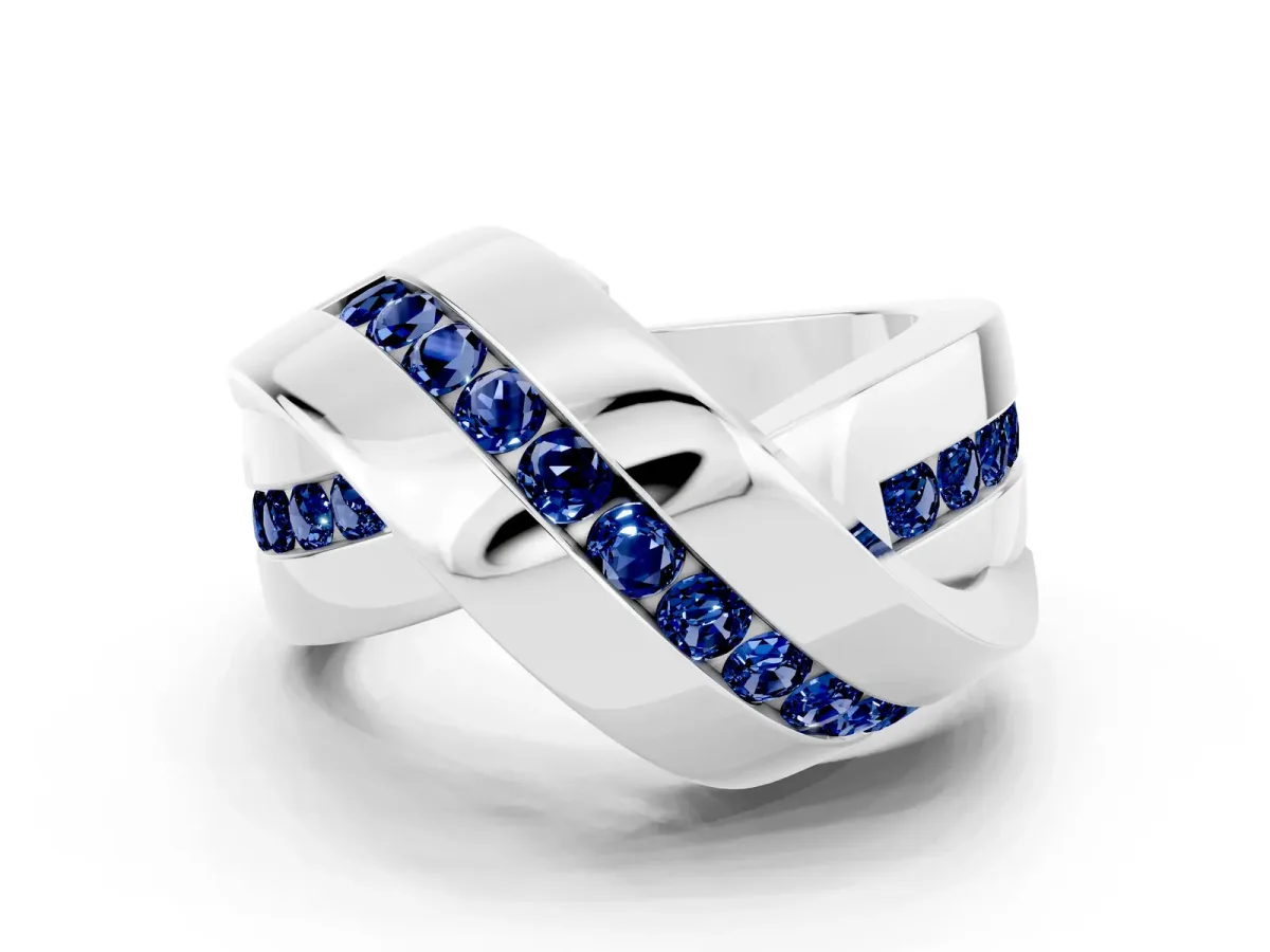 Pavé Round Blue Sapphire Crossover Band with Channel Setting Platinum