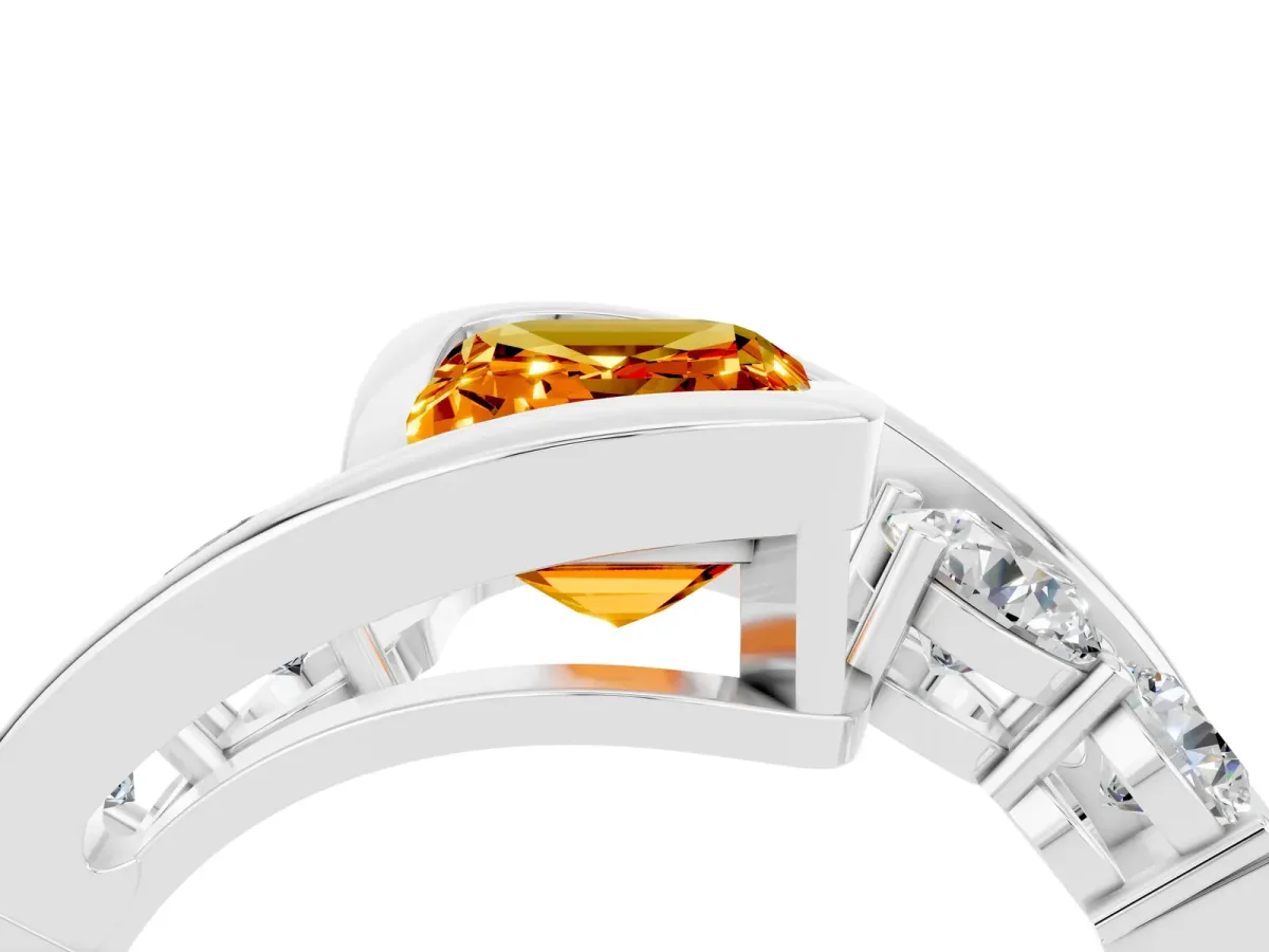Bezel Set Emerald Cut Citrine Bypass Ring with Round Accents Platinum