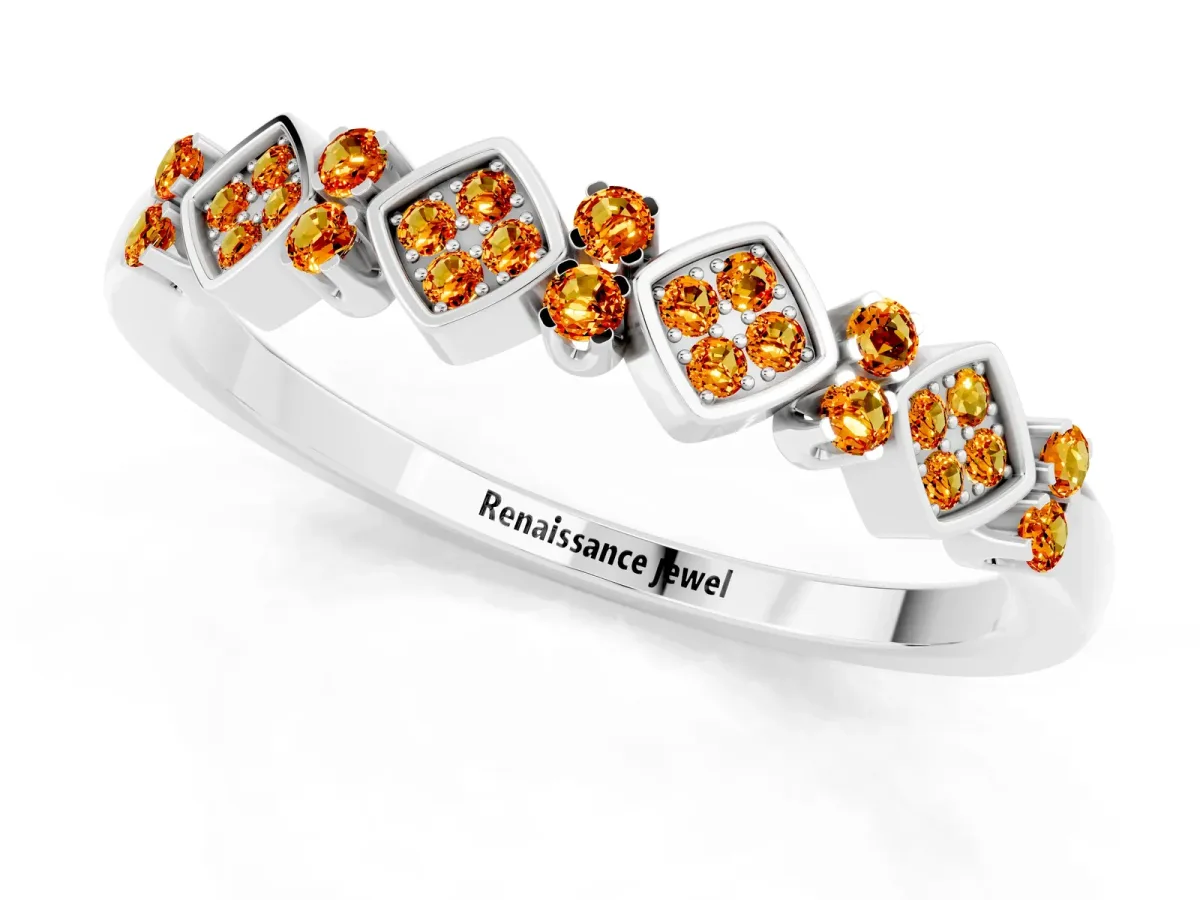Pavé Cushion Citrine Cluster Eternity Band with Prong Setting Silver