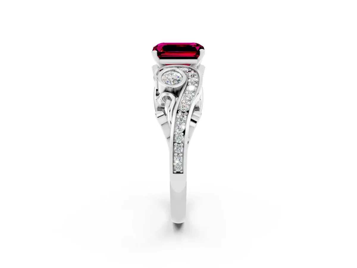 Emerald Cut Garnet Solitaire Ring with Milgrain Pavé Band and Four-Prong Setting Silver