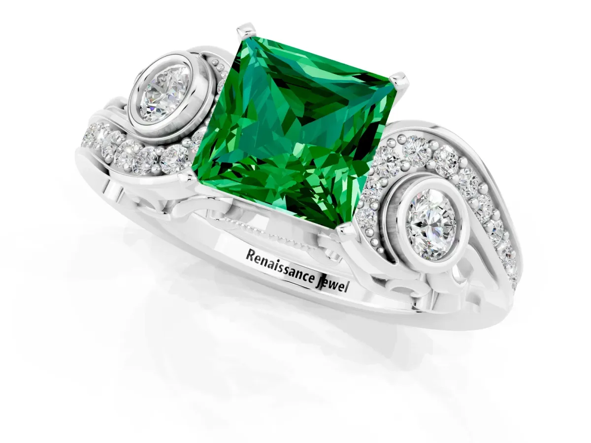 Princess Cut Emerald Solitaire Ring with Milgrain Pavé Band and Four-Prong Setting Silver