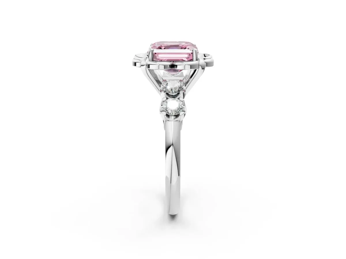 Fancy Pink Asscher Cut Cut Diamond Floral Halo Engagement Ring with Shared Prong Setting Silver