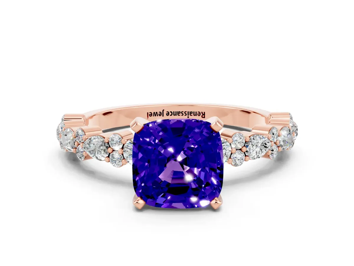 Cushion Cut Tanzanite Side Stone Solitaire Ring with Round and Four-Prong Setting Rose gold