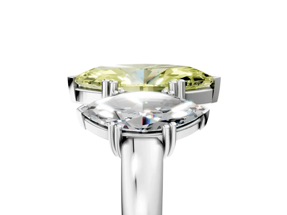 Fancy Yellow Three-Stone Marquise Cut Cut Diamond Ring with Channel Set Band and Four-Prong Setting Silver