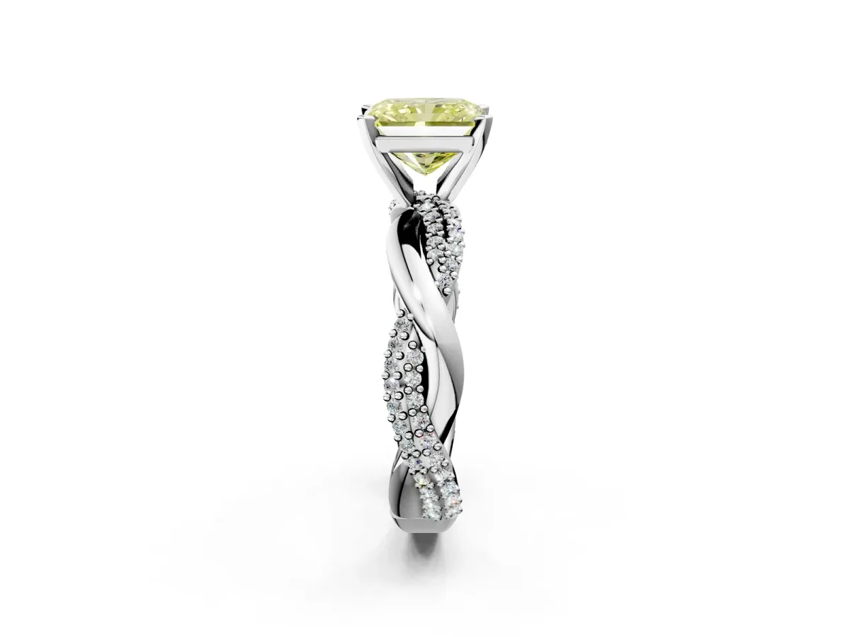 Fancy Yellow Radiant Cut Solitaire Twist Band with Pave Prong Setting Platinum