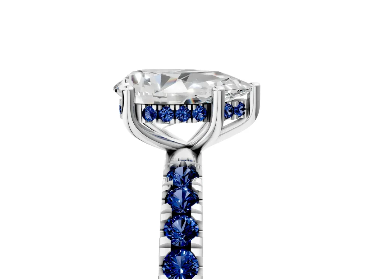 Pear Cut Diamond Pave Band Solitaire Ring with Round Blue Sapphire and Prong Setting Silver