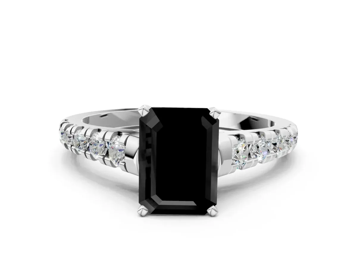 Fancy Black Emerald Cut Diamond Cathedral Solitaire Ring with Round Pavé Band Platinum