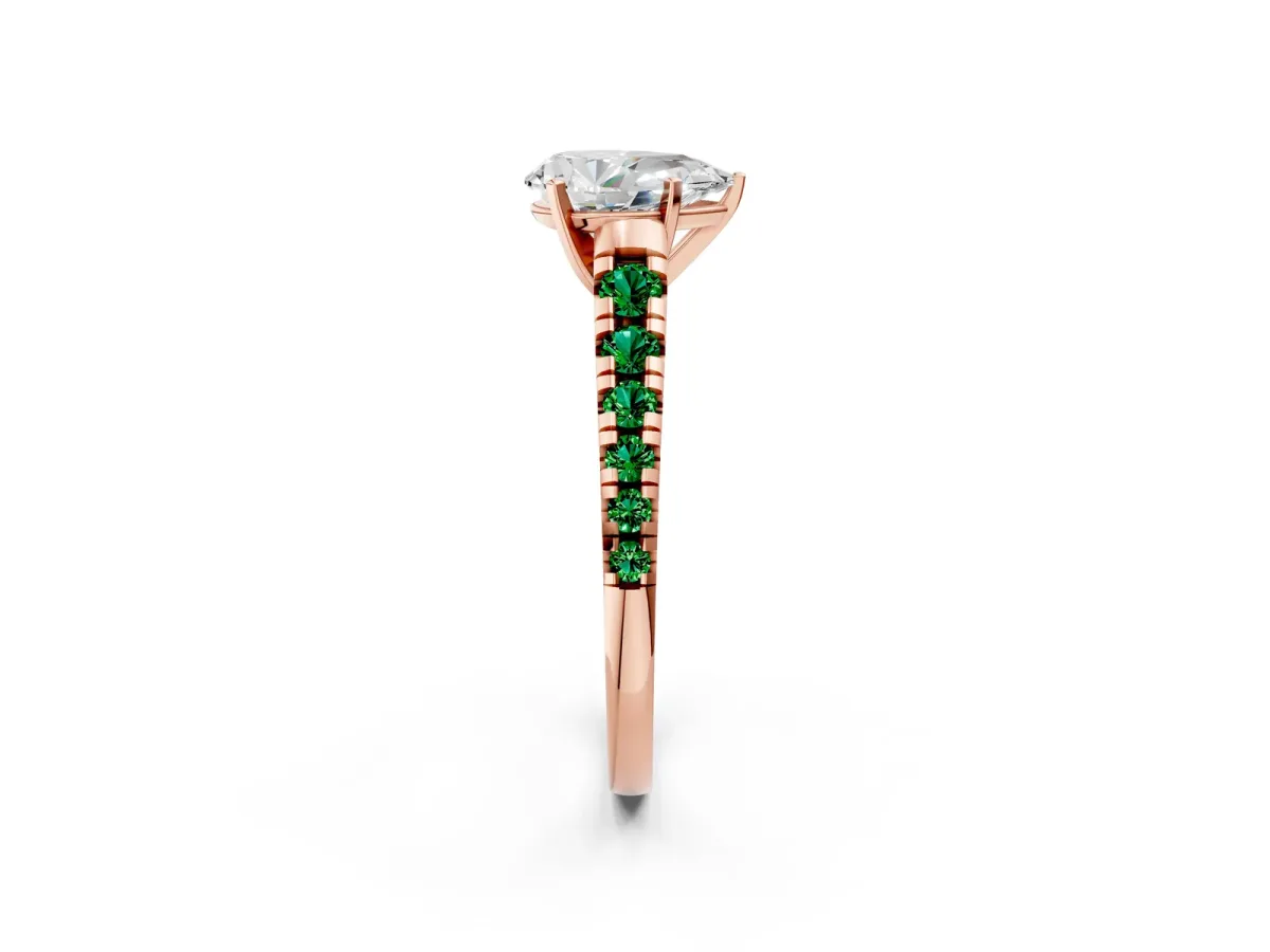 Pear Cut Diamond Cathedral Solitaire Ring with Round Emerald Pavé Band Rose gold
