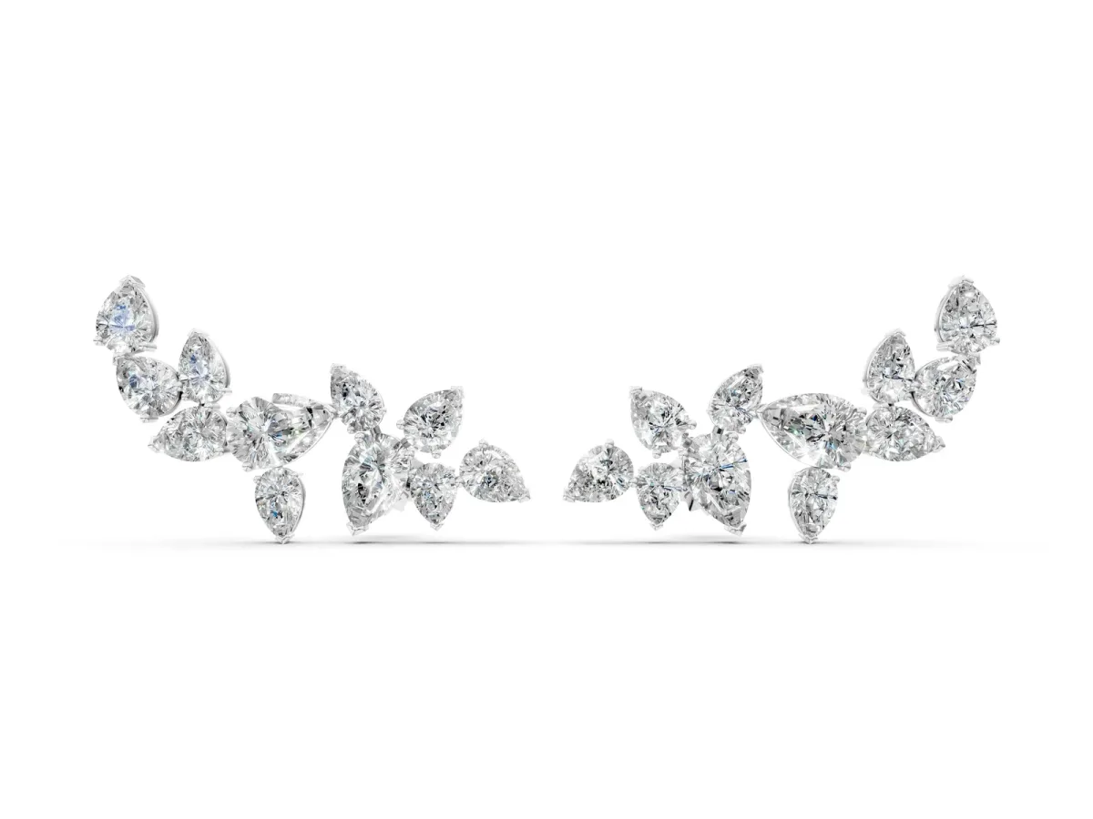 Pear Diamond Curved Cluster Climber Earrings White gold