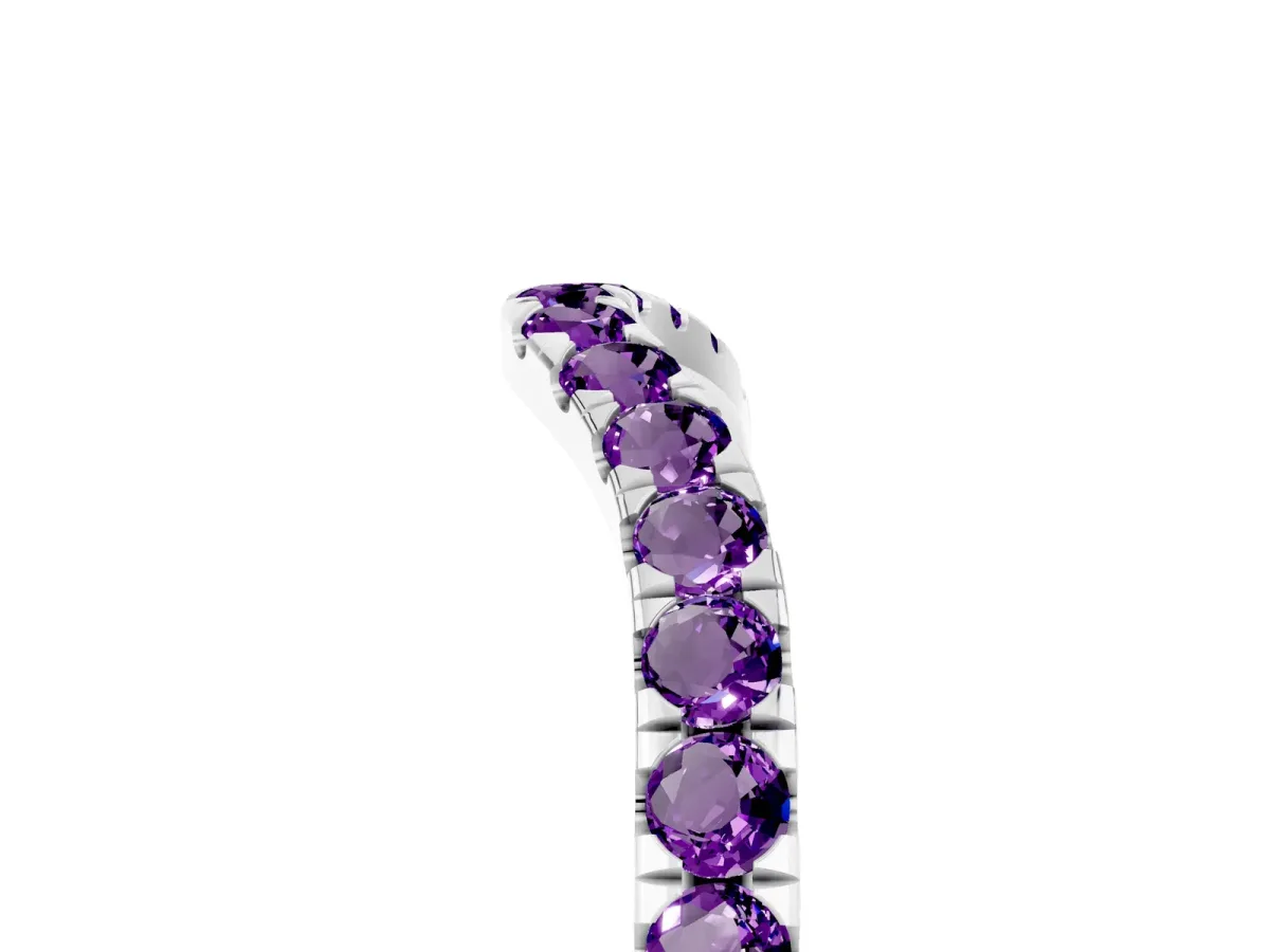 Curved Pavé Round Amethyst Wedding Band with Shared Prong Setting Platinum