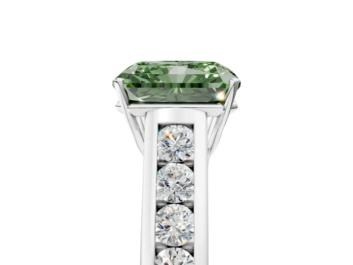 Fancy Green Radiant Cut Solitaire Channel-Set Diamond Engagement Ring with Four-Prong Setting Platinum