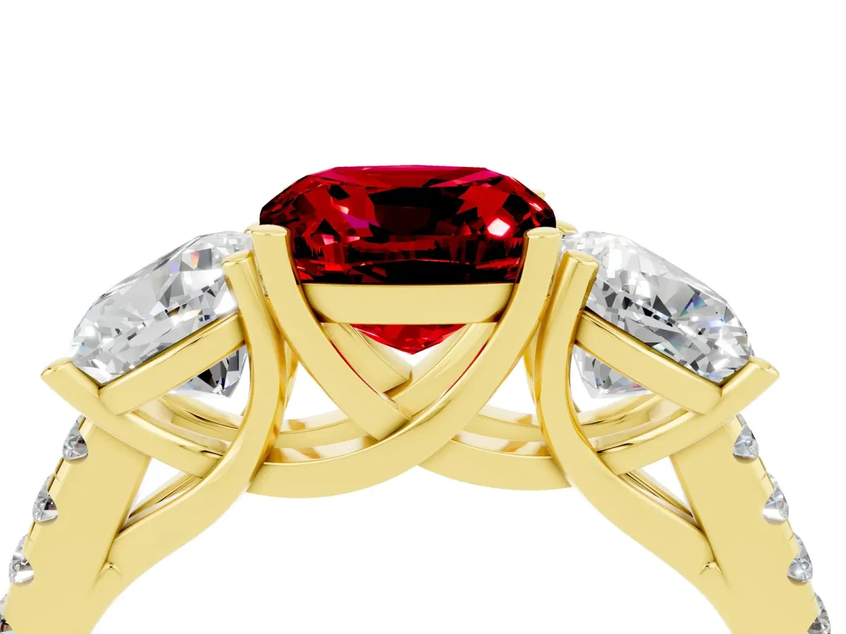 Three-Stone Cushion Cut Ruby Ring with Round Pavé Band and Prong Setting Yellow gold