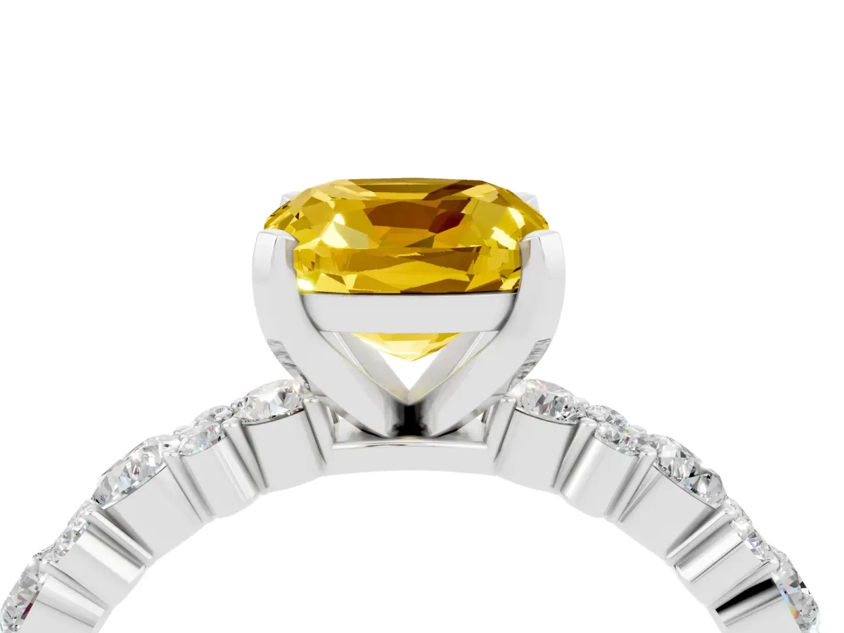 Cushion Cut Yellow Sapphire Side Stone Solitaire Ring with Round and Four-Prong Setting Platinum