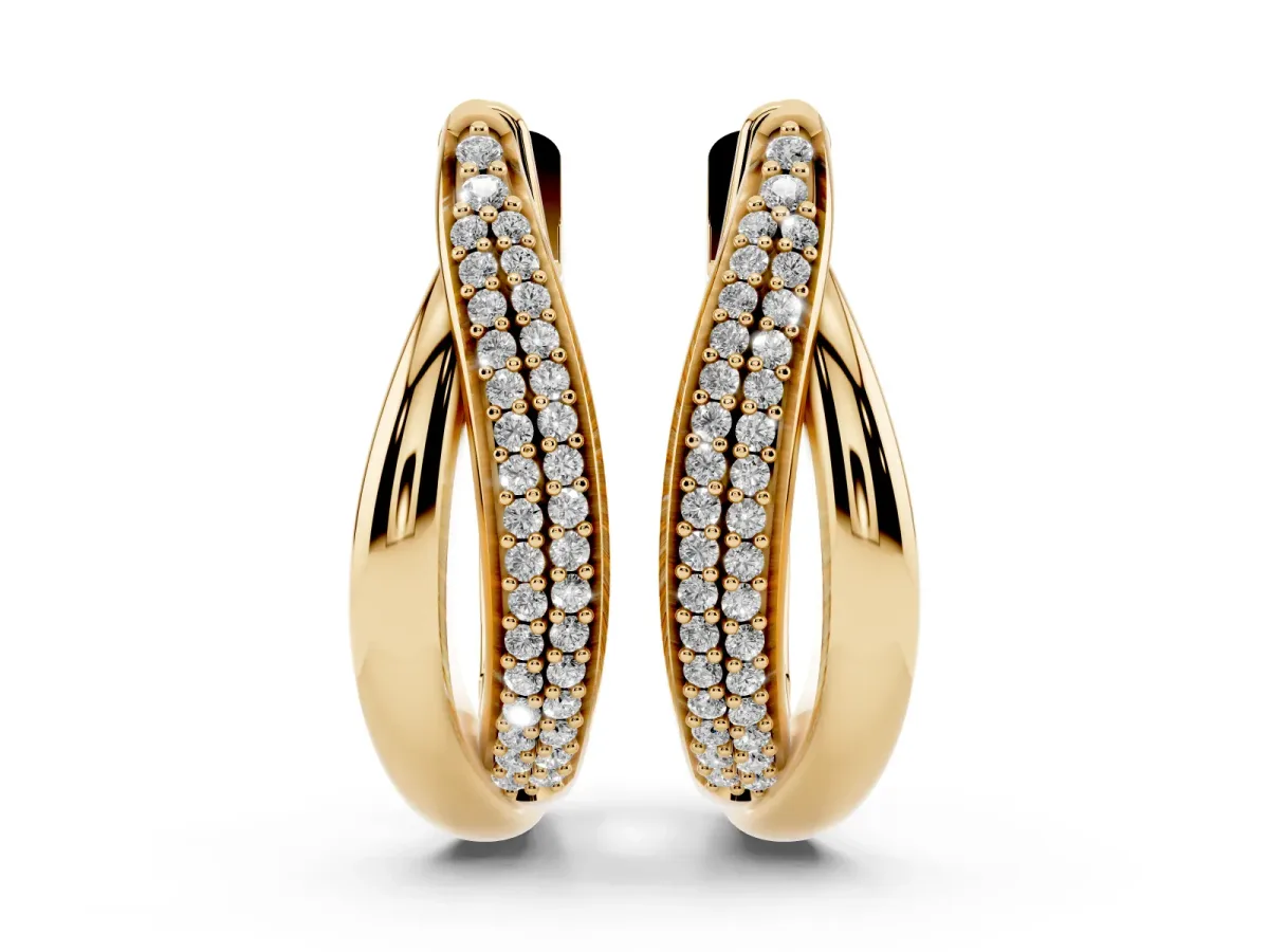 Round Diamond Double Row Huggie Hoop Earrings Yellow gold