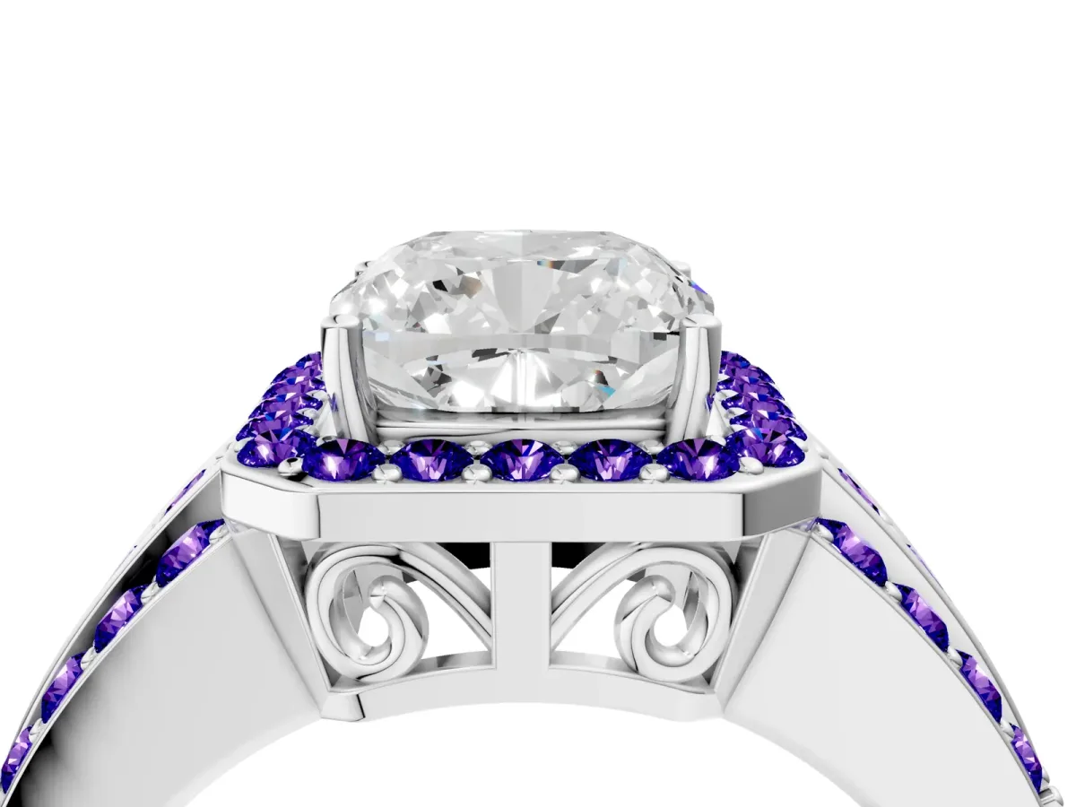 Cushion Cut Halo Diamond Ring with Round Tanzanite Split Shank and Prong Setting Silver