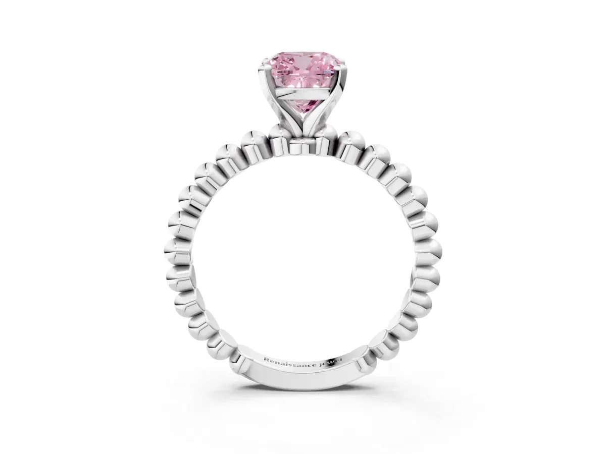 Fancy Pink Cushion Cut Diamond Solitaire Ring with Beaded Band and Prong Setting Silver