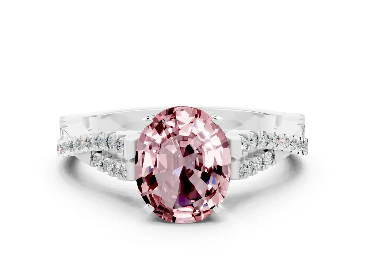 Oval Cut Morganite Solitaire Engagement Ring with Twisted Pavé Band and Four-Prong Setting Silver