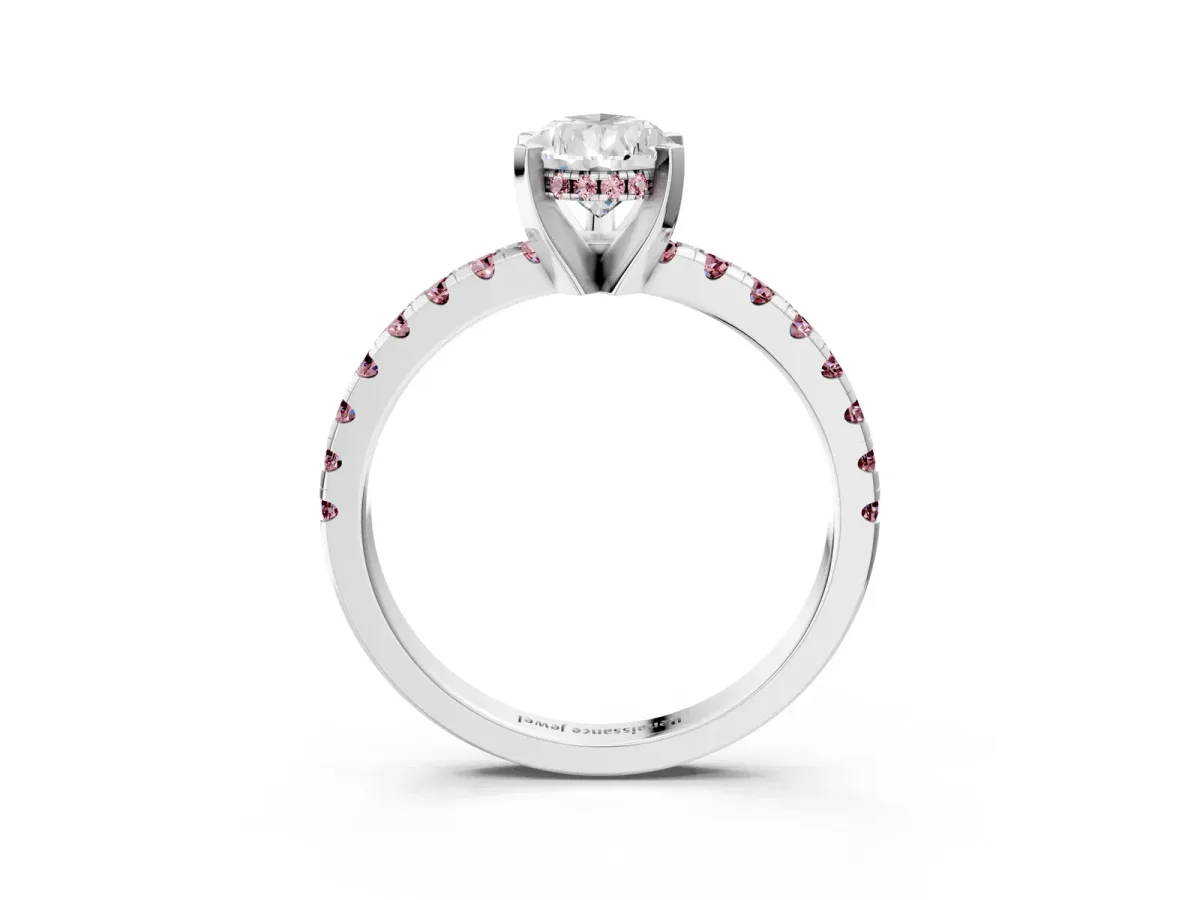 Pear Cut Diamond Solitaire Ring with Round Morganite Pavé Band and Four-Prong Setting Silver