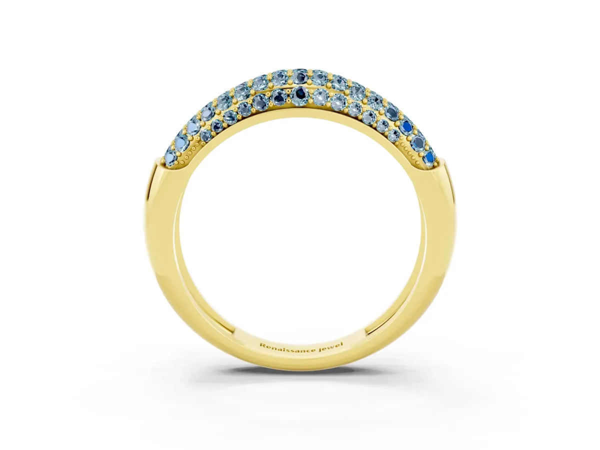 Three-Row Pavé Round Aquamarine Dome Band Yellow gold