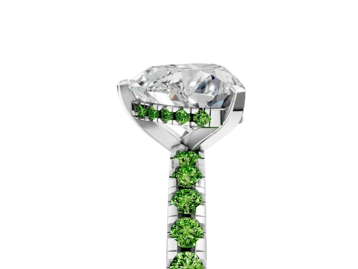 Heart Cut Diamond Solitaire Ring with Round Peridot Pavé Band and Four-Prong Setting Silver