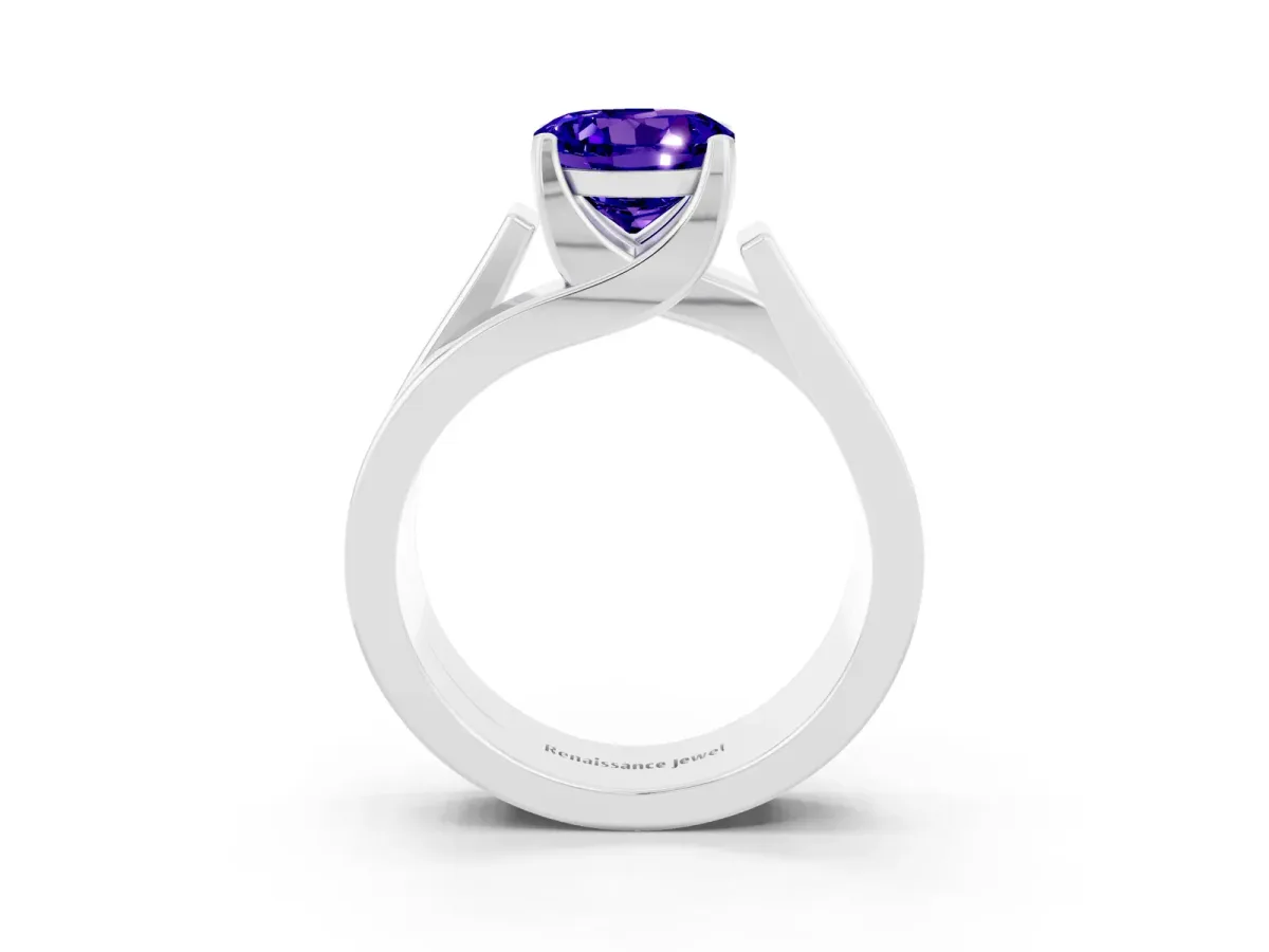 Modern Tension Set Round Cut Tanzanite Solitaire Wide Band Ring Silver
