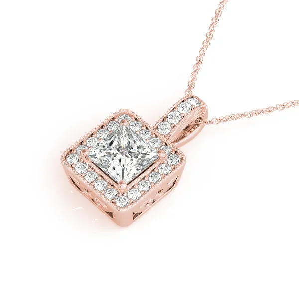 Princess Cut Halo Pendant with Four-Prong Setting Rose gold