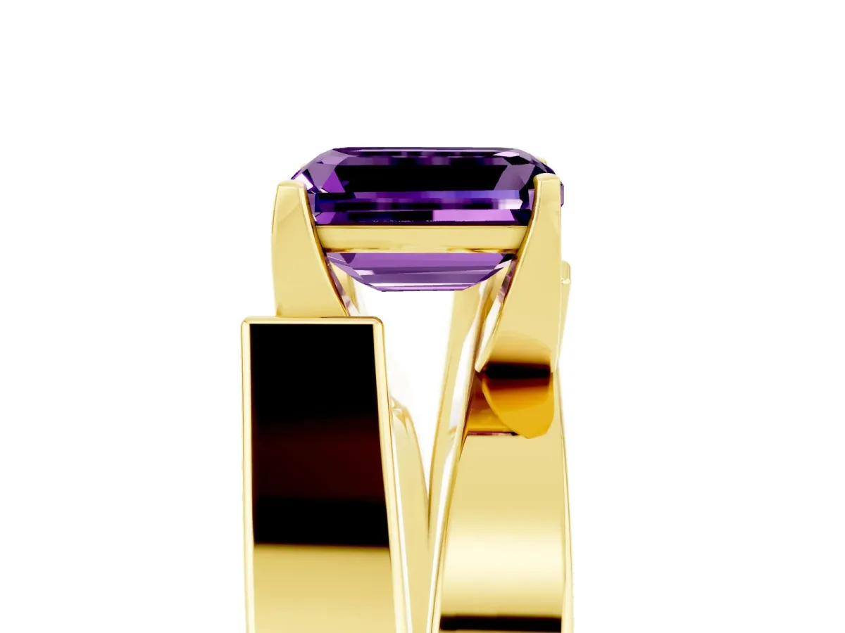 Modern Tension Set Emerald Cut Amethyst Solitaire Wide Band Ring Yellow gold