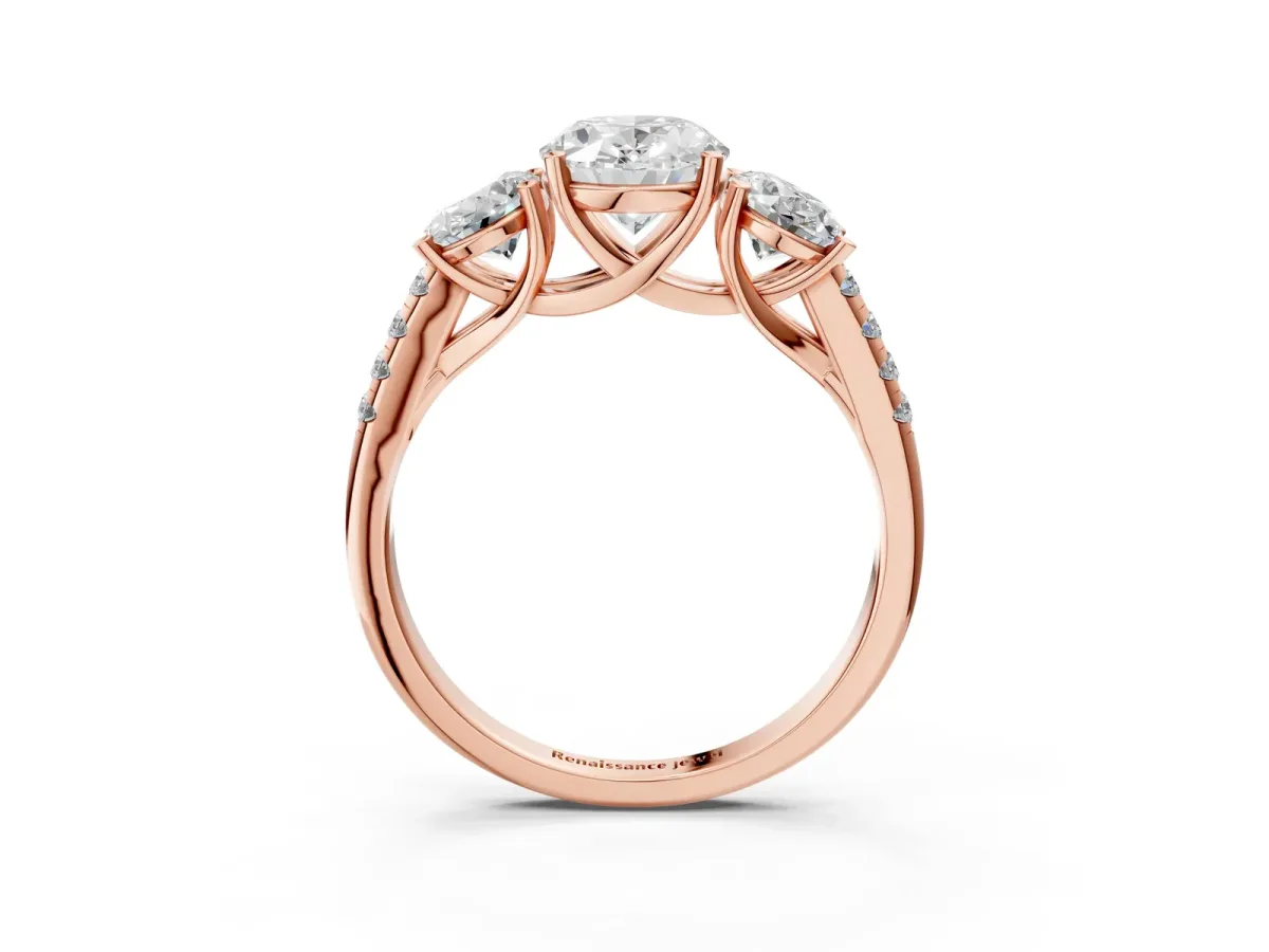 Three-Stone Oval Cut Diamond Ring with Round Pavé Band and Prong Setting Rose gold