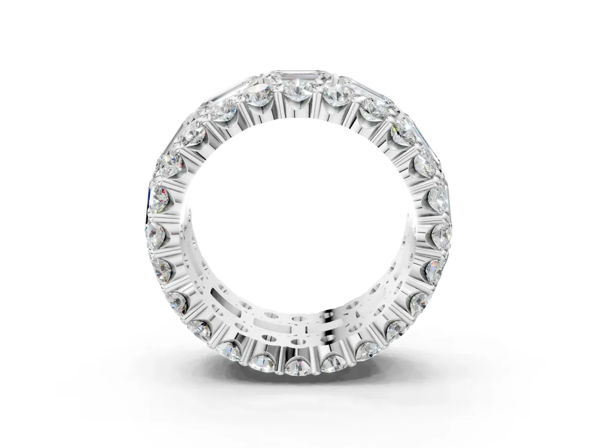 Emerald Cut and Round Diamond Three-Row Eternity Mens Band Platinum