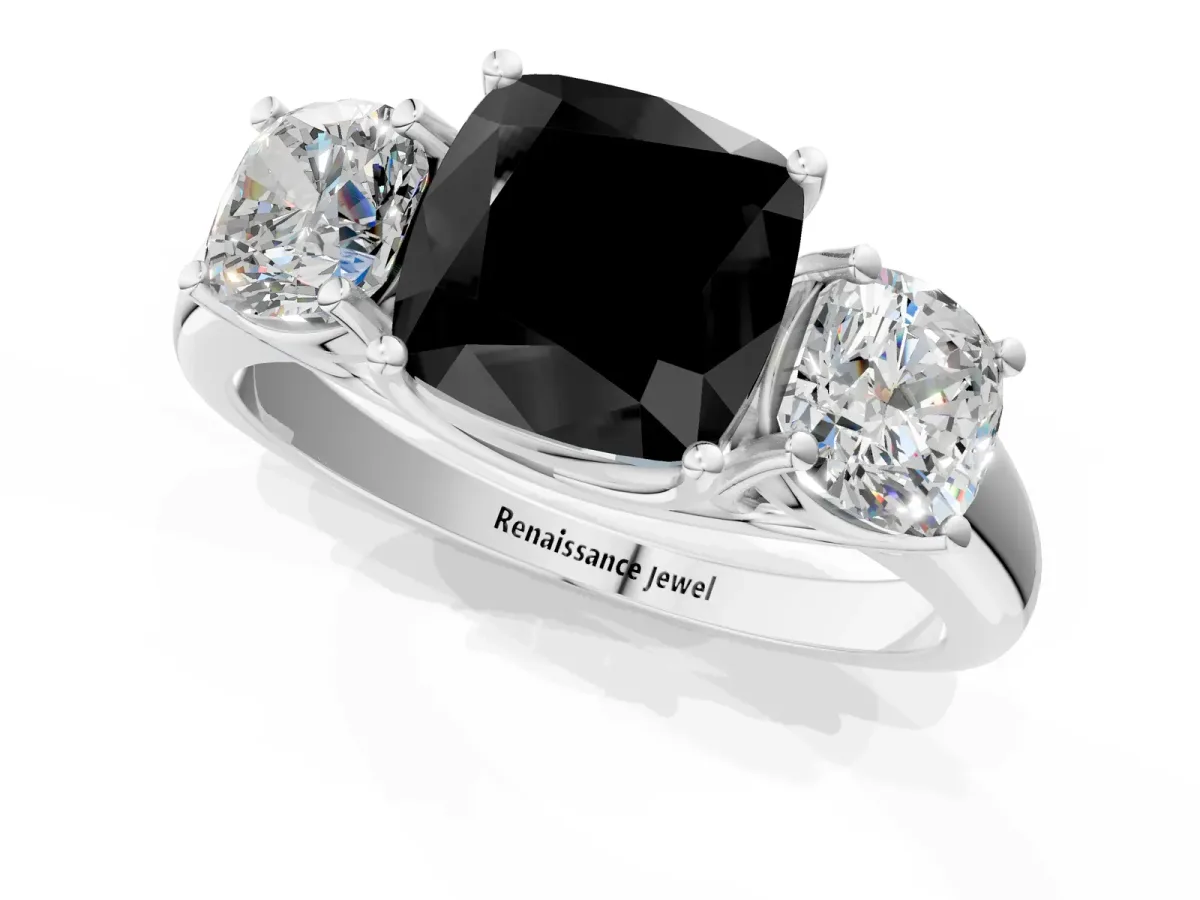Fancy Black Three-Stone Cushion Cut Diamond Engagement Ring with Prong Setting White gold
