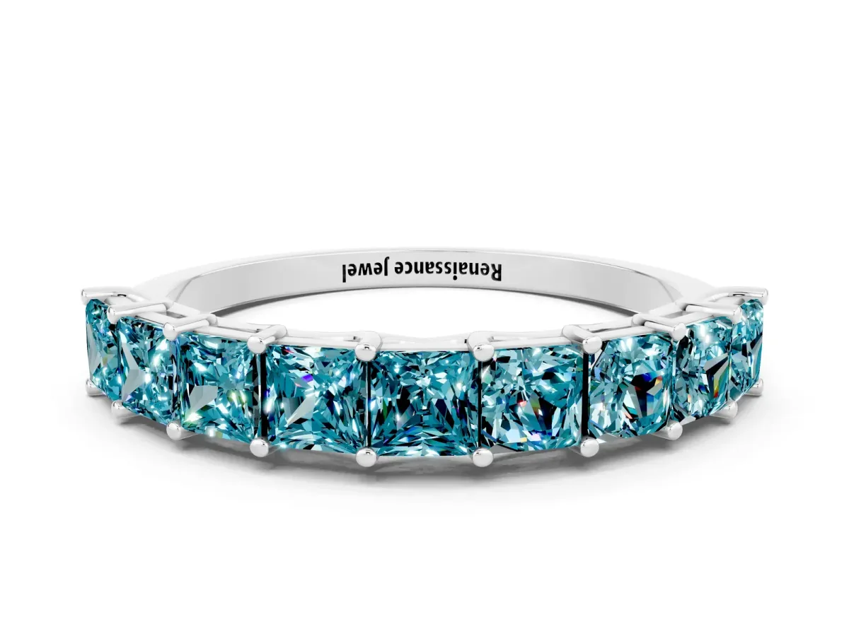 Princess Cut Blue Topaz Channel-Set Eternity Band with Prong Setting Silver