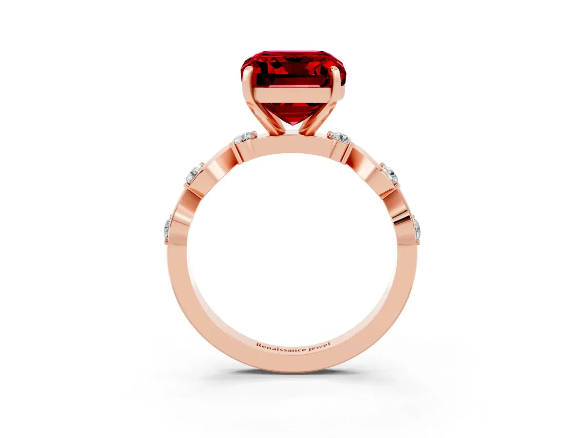 Emerald Cut Ruby Solitaire Twisted Band with Round Accents and Prong Setting Rose gold