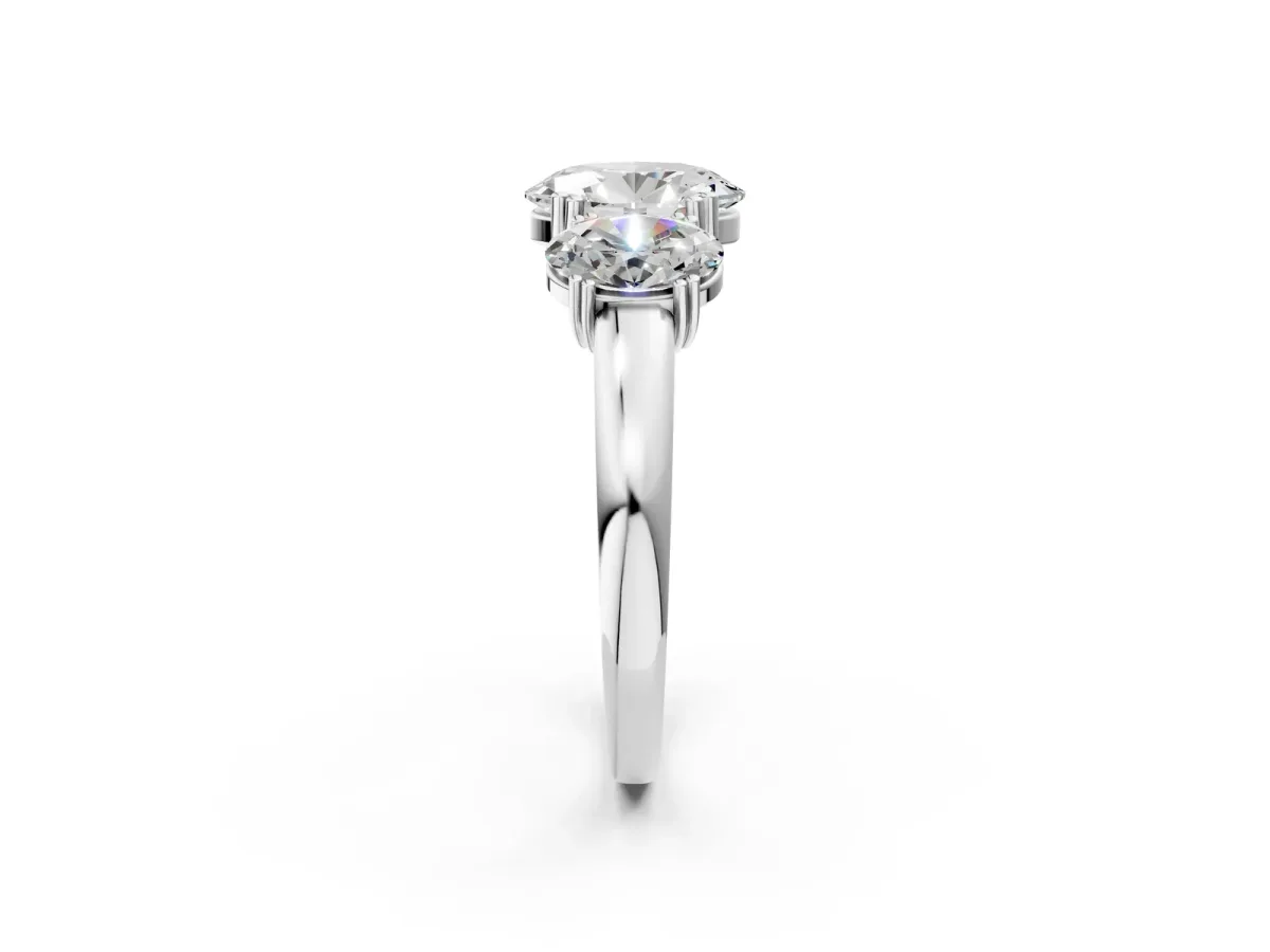 Three-Stone Oval Cut Cut Diamond Ring with Channel Set Band and Four-Prong Setting White gold