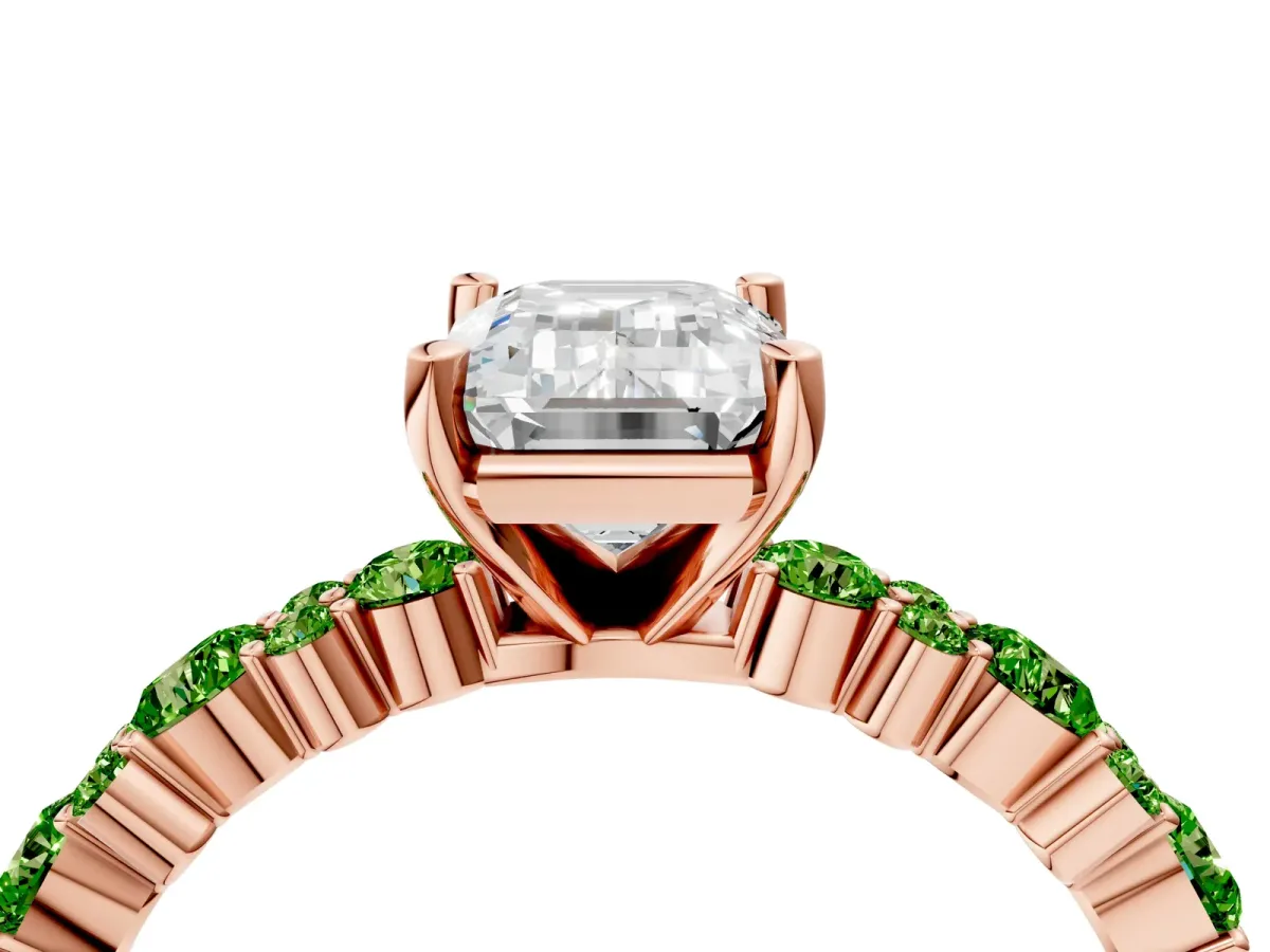Emerald Cut Diamond Side Stone Solitaire Ring with Round Peridot and Four-Prong Setting Rose gold