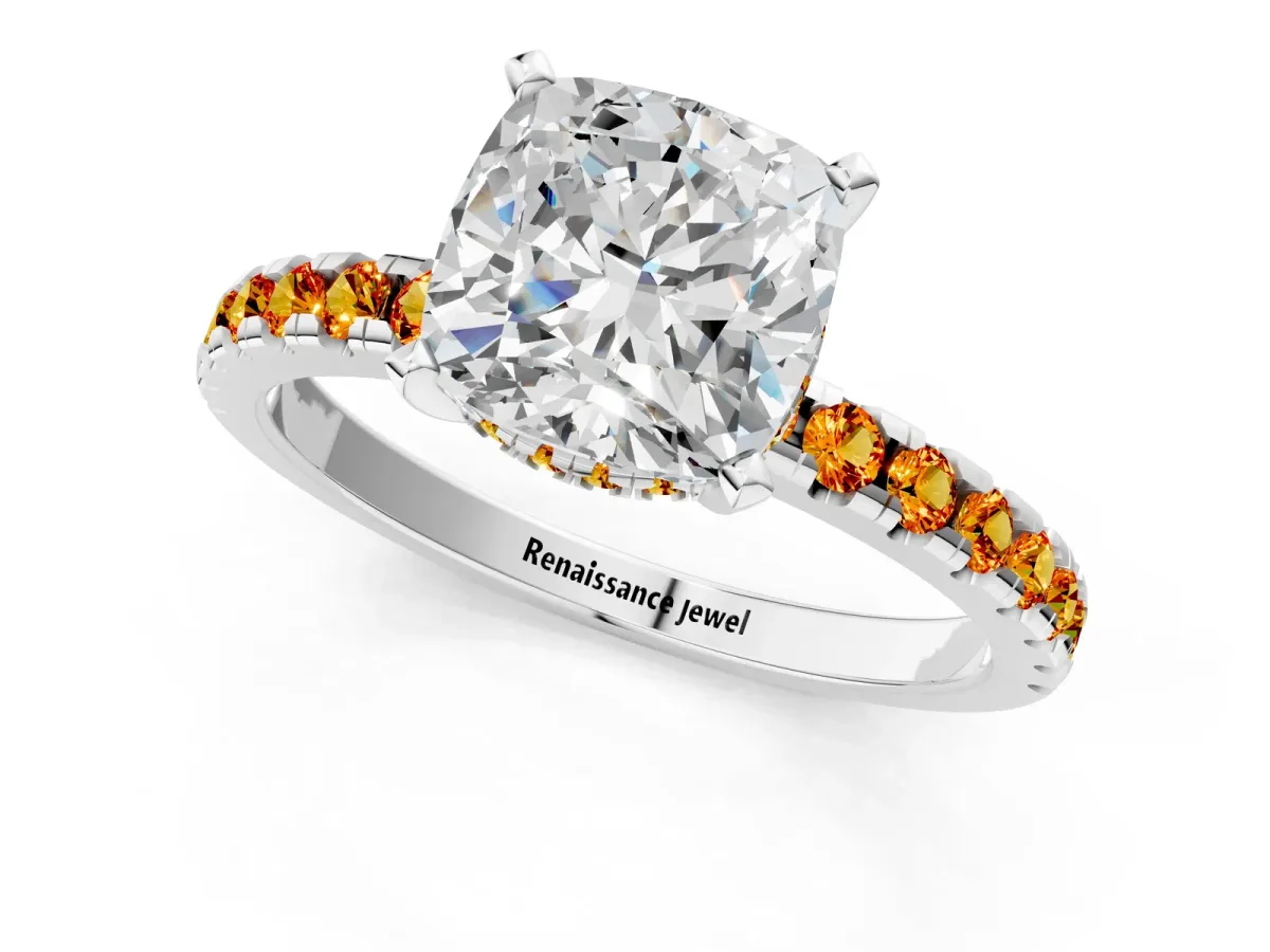 Cushion Cut Diamond Solitaire Ring with Round Citrine Pavé Band and Four-Prong Setting Silver
