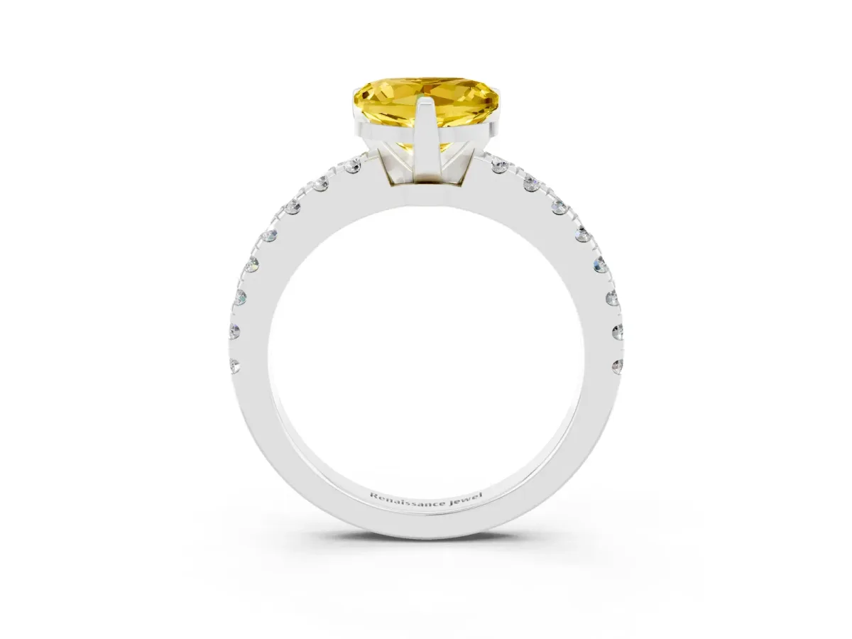 Heart Cut Solitaire Yellow Sapphire with Pavé Band and Four-Prong Setting Silver