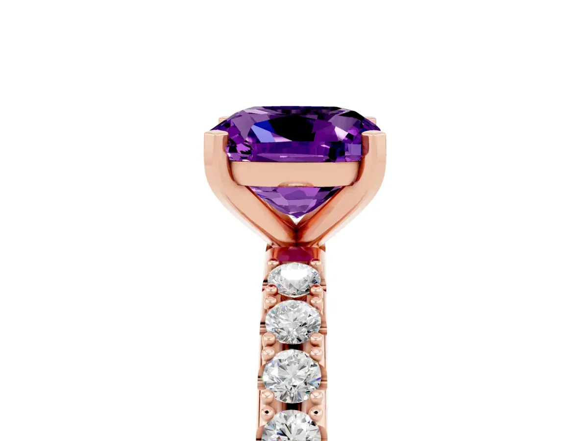 Cushion Cut Amethyst Solitaire Pavé Band with Four-Prong Setting Rose gold